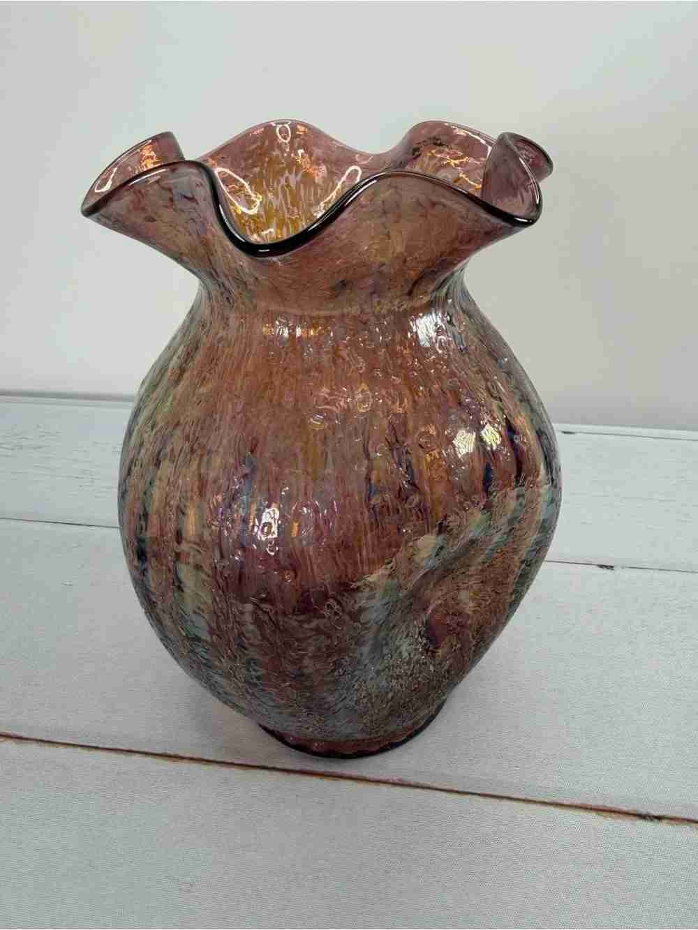 Handmade Ruffled Art Glass Vase in Amber-Brown